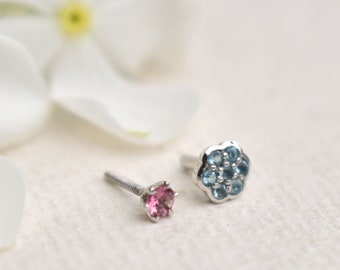 Natural Pink Tourmaline & London Blue Topaz Double Sided Stud, 14k 18k Solid Gold Floral Reversible Earring, 16g Threaded Piercing Jewlery