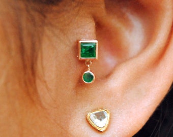 Natural Green Emerald Dangle Ear Stud, 14K 18K Solid Gold Bezel Earring, Helix Tragus Cartilage Conch, 16g Flatback Pushback Tiny Dangler