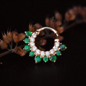 Natural Emerald & Diamond Daith Piercing, 14K 18K Solid Gold Septum Nostril Clicker Ring, 6-13mm 16g 18g, May Birthstone
