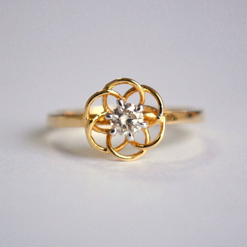 3.5mm Natural Diamond Celtic Flower Blossom Proposal Ring, 14k 18k Solid Gold Bridal Engagement Ring, Geometric Spirograph Valentine Ring image 1
