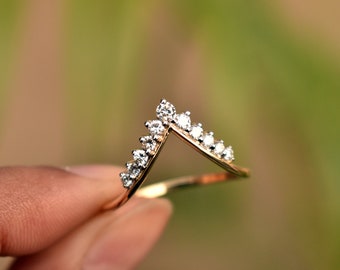 11 Diamond Deep V Chevron Stack Ring in 14K Solid Gold, Crown Tiara Wishbone Promise Wedding Band