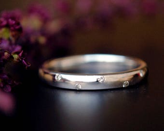 Silver Five Diamond Ring. Etoile Ring. 2.7 mm Flush Set Diamond Wedding Band. Scattered Diamond Stacking Constellation Ring. Holiday Gift