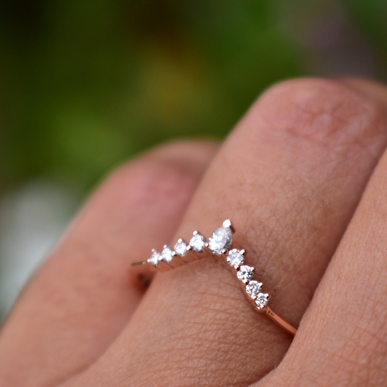 Curved Stack Wedding Band With Pear and Round Diamond in 14K Etsy UK