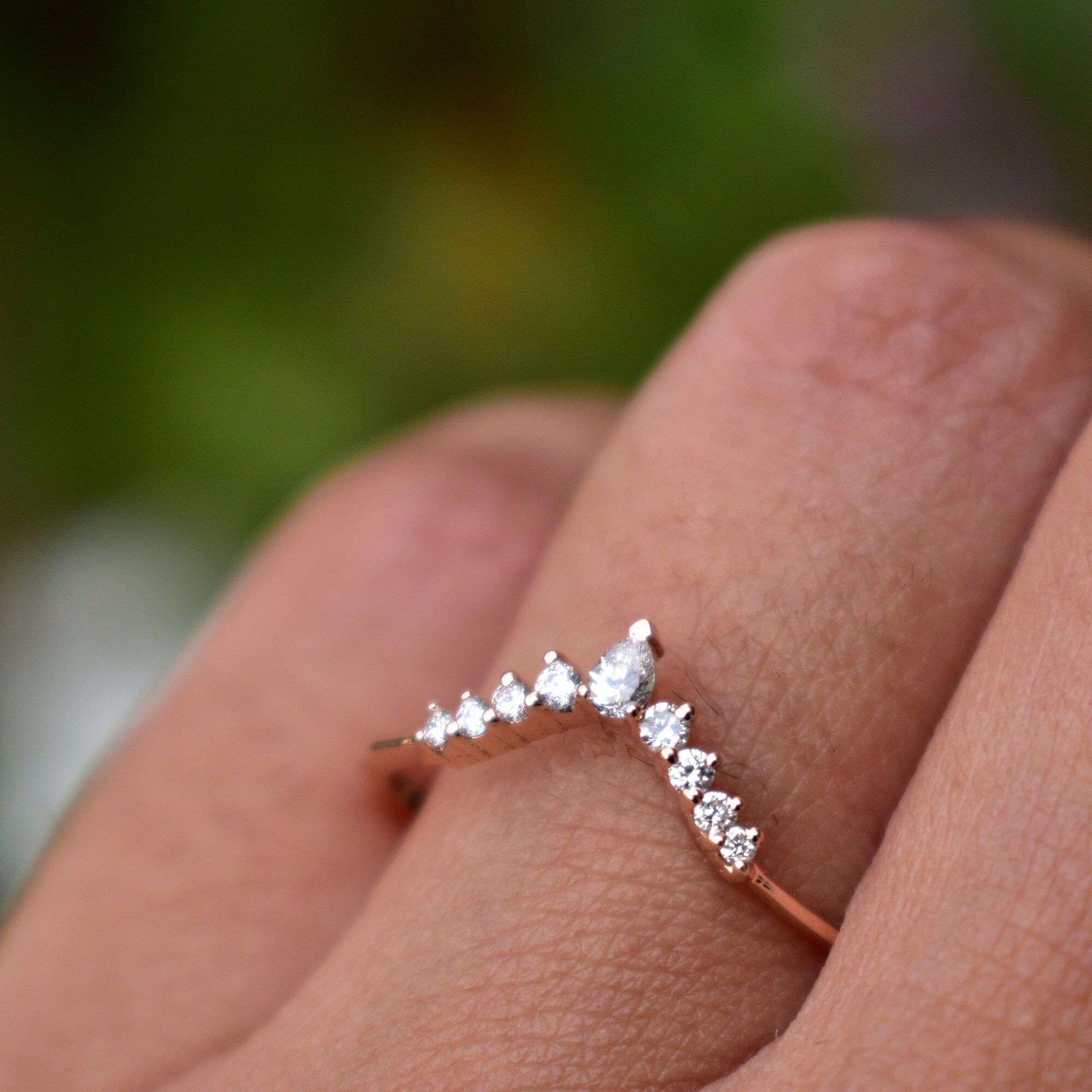 Curved Stack Wedding Band With Pear and Round Diamond in 14K Etsy UK