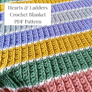 Patrón PDF de crochet de manta de corazones y escaleras - Libbycraft - **Esta es una descarga en PDF, no una manta física**