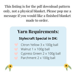 Puede incluir: Requisitos de hilo para una manta de ganchillo utilizando hilo Stylecraft Special en peso DK. Los colores necesarios son Amarillo Citr&oacute;n (3 ovillos de 100g), Nogal (1 ovillo de 100g), Verde Cipr&eacute;s (2 ovillos de 100g) y Pergamino (2 ovillos de 100g).