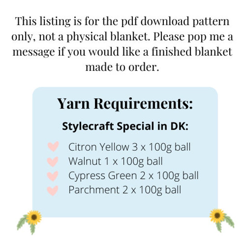 Puede incluir: Requisitos de hilo para una manta de ganchillo utilizando hilo Stylecraft Special en peso DK. Los colores necesarios son Amarillo Citr&oacute;n (3 ovillos de 100g), Nogal (1 ovillo de 100g), Verde Cipr&eacute;s (2 ovillos de 100g) y Pergamino (2 ovillos de 100g).