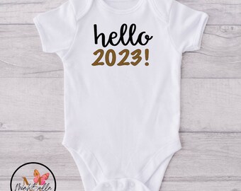 Hello 2023 Baby Onesie® New Years Onesie® Black and Gold New Years Bodysuit Baby Announcement Onesie® Baby’s 1st Onesie®