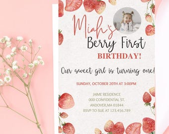Editable Berry First Birthday Editable Invitation Digital Invitation Stawberry Birthday Invite
