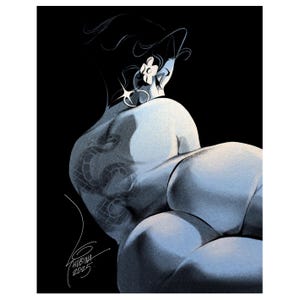 May include: A digital illustration of a person with a snake tattoo on their back, wearing a flower behind their ear. The person is facing away from the viewer and their body is in a relaxed pose.