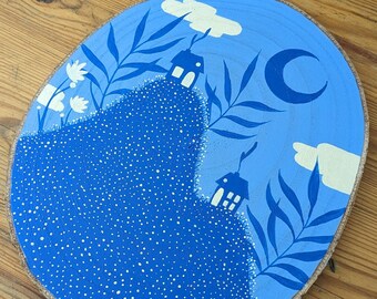 Mini houses, mountains, plants, night | Painting on wood | Single copy