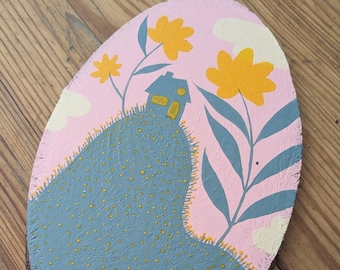 Mountain house, flower, sunset | Painting on wood | Single copy