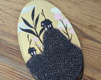 Mountain house, flower, golden sky, autumn | Painting on wood | Single copy