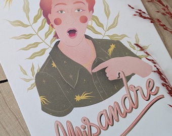 Misandre | Print A5 | illustration of woman, color card, decoration, postcard, stars and comet, cosmic, typography.