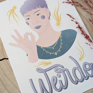 Weirdo | Print A5 | illustration de femme, sororité, carte en couleur, décoration, carte postale, typographie.