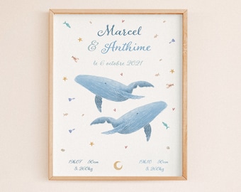 Personalized twin birth poster to download | Illustration of twin whales - Baby poster - Decoration - Personalized gift