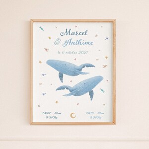 Póster personalizado de nacimiento de gemelos para descargar | Ilustración de ballenas gemelas - Póster bebé - Decoración - Regalo personalizado