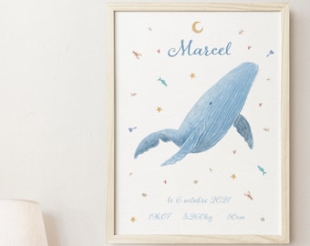 Personalized birth poster to download | Whale illustration - Baby poster - Decoration - Personalized gift - Children's room