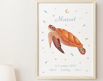Póster de nacimiento personalizado para descargar | Ilustración Tortuga - Póster Bebé - Decoración - Regalo Personalizado - Habitación Infantil