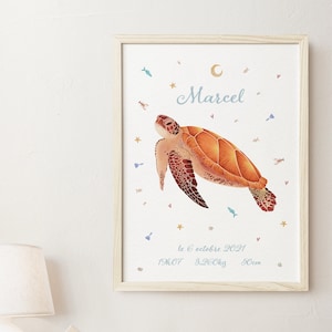 Póster de nacimiento personalizado para descargar | Ilustración Tortuga - Póster Bebé - Decoración - Regalo Personalizado - Habitación Infantil