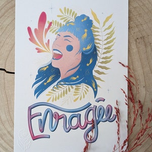 Enragée | Print A5 | illustration de femme, féminisme, sororité, carte en couleur, décoration, carte postale, cosmique.