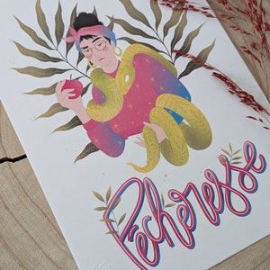 Pécheresse | Print A5 | illustration de femme, sororité, carte en couleur, décoration, carte postale, typographie.
