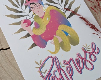 Sinful | Print A5 | illustration of woman, sorority, color card, decoration, postcard, typography.