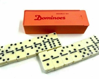 DOMINOES Set of 28 Double Six Domino White Tiles With Plastic Case Standard Mini Size Portable