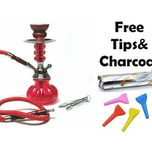 May include: A red glass hookah with a silver base and a red hose. It comes with a pack of charcoal, a pair of tongs, and four colorful mouthpiece tips. Free Tips & Charcoal.