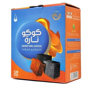 May include: A box of 120 pieces of Coco Nara coconut shell charcoal briquettes. The box is orange and blue with a picture of a flame and the text "Coco Nara" and "Coconut Shell Charcoal".