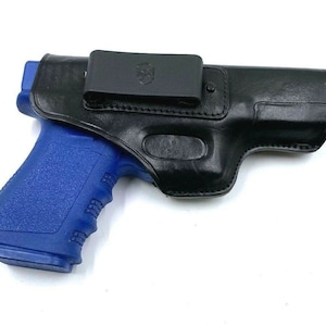 Schwarzer GLOCK Pistolenhalfter Ledergürtel OWB PANCAKE Butterfly Daumenstopper Rechte Hand
