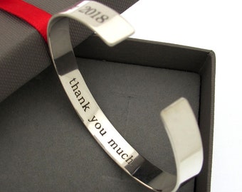 Thank You Message Bracelet for Women, Silver Custom Text Engraved Bangle, Personalized Birthday Gift for her Adjustable size cuff