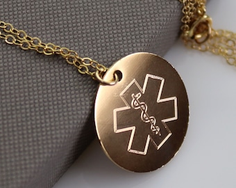 Gold Medical Alert Necklace - Custom Medical ID Jewelry - Type 1 Diabetes Pendant - Medical Symbol Star of Life / Caduceus