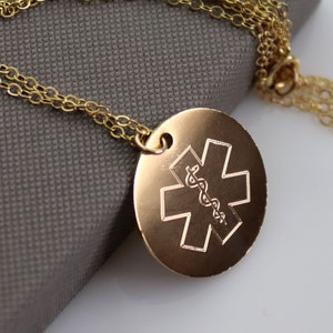 Gold Medical Alert Necklace Custom Medical ID Jewelry Type 1 Diabetes Pendant Medical Symbol Star of Life / Caduceus image 1