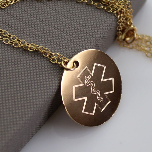 Gold Medical Alert Necklace - Custom Medical ID Jewelry - Type 1 Diabetes Pendant - Medical Symbol Star of Life / Caduceus