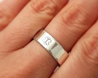 Custom Medical Alert Ring Diabetic Medical Ring for Her Caduceus Symbol Personalized Sterling Silver Band Star of Life Ring Emergency ID