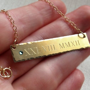 Roman Numeral Date Necklace Wedding Date Pendant Personalized Gift for her Engraved Gold Hammered Rectangle pendant Womens Keepsake Jewelry