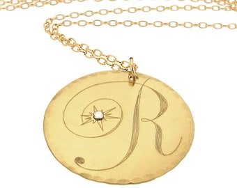 Personalized Gold Initial Necklace for Her, Script Letter Pendant, Birthstone Disc Necklace, Custom Birthday Gift for Women