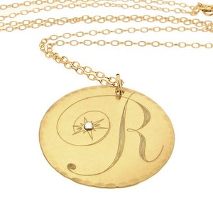 Gold Initial Pendant Necklace, Personalized Birthday Gift for her, Large Royal Script Letter, Birthstone Round Disc Pendant, 14K Gold Filled