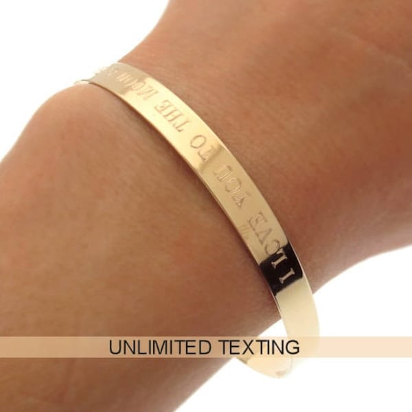 Personalized Wide Gold Cuff Bracelet Inspirational Engraved Gold Bangle Bracelet Custom Writing text Birthday Gift for her Friendship Gift