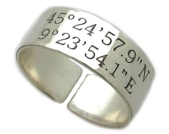 Coordinates Ring Personalized Gift for Him or Her Sterling Silver Message Engraved Wide Band Latitude Ring Custom Christmas Boyfriend Gift