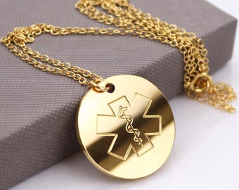 Gold Medical Alert Necklace - Custom Medical ID Jewelry - Type 1 Diabetes Pendant - Medical Symbol Star of Life / Caduceus Personalized