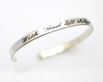 Matthew 19:26 Bracelet | With God All Things Are Possible Cuff Bracelet | Sterling Silver Engraved Bangle with personalized message | Gift