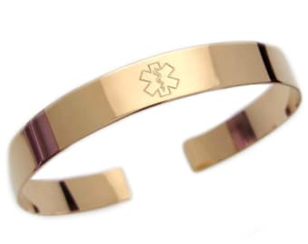 Gold ID Medical Cuff Bracelet Custom Medical Alert Bracelet Hidden Message Engraved Personalized Medical ID Jewelry Allergy Alert Diabetic