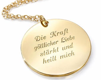 Text Engraved Gold Disc Necklace Personalized Gift for Her Custom Round Inspirational Quote Pendant Large Inspirational Disc Pendant Artisan