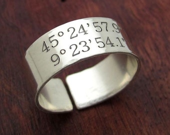 Coordinates Ring, Personalized Gift for Him or Her. Sterling Silver Latitude Band Ring. Custom GPS Engraved Band. Boyfriend Gift