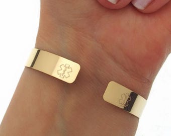 Medical ID Alert Bracelets for Women - Star of Life Cuff Bracelet Emergency Gold Engraved Bracelet - Medical School Grad Personalized cuff
