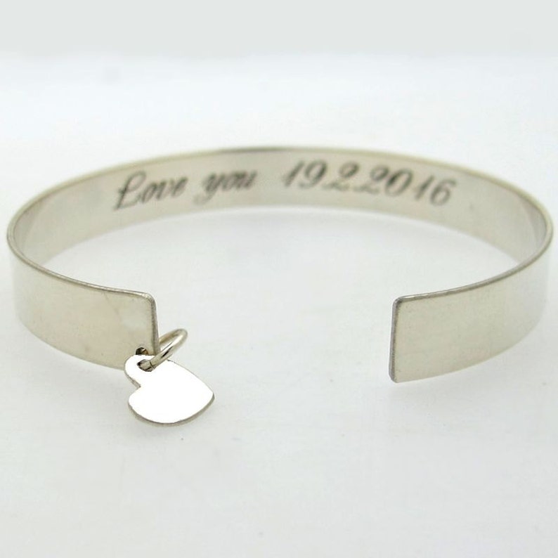 Personalized Sterling Silver Cuff Bracelet Heart Charm Cuff Bracelet Message Engraved Inspiration Cuff Heart bangle Birthday Daughter gift image 4