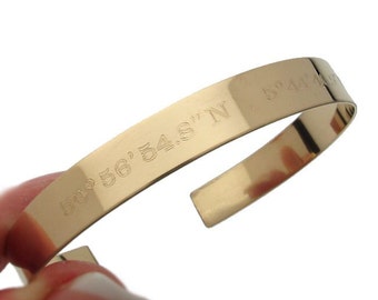 Gold Coordinates Cuff Bracelet for Women Long Distance Gift for Her Personalized Gold Filled Bangle Bracelet Custom Text Engraved Jewlery