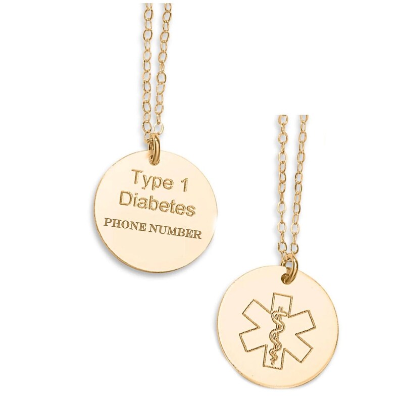 Gold Medical Alert Necklace Custom Medical ID Jewelry Type 1 Diabetes Pendant Medical Symbol Star of Life / Caduceus 2sides:StarLife+text